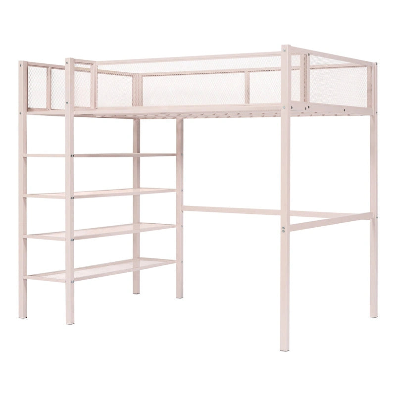 Twin Size Metal Loft Bed with 4-Tier Shelves and Storage, White