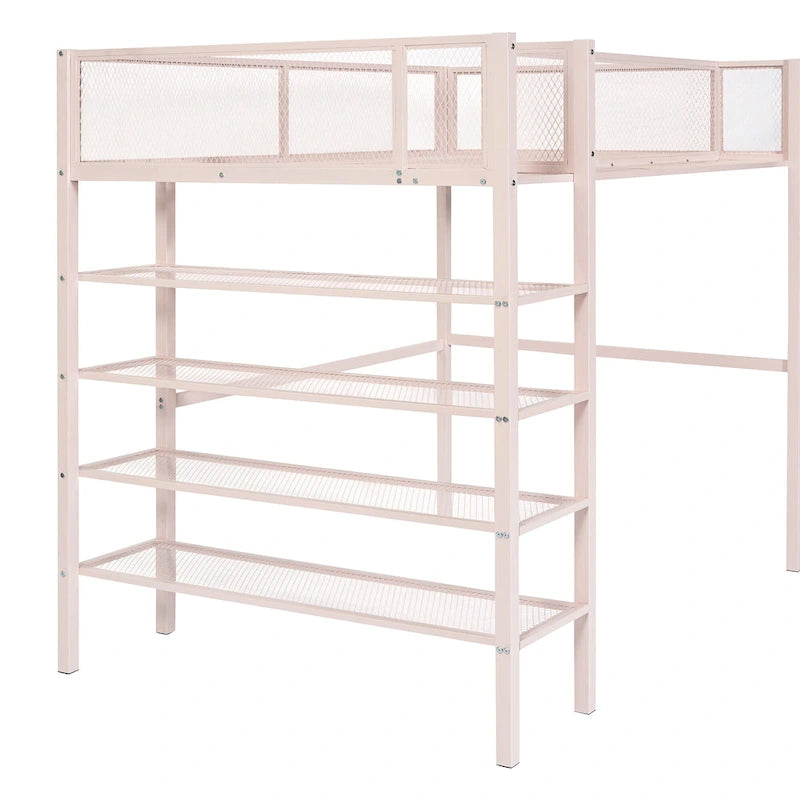 Twin Size Metal Loft Bed with 4-Tier Shelves and Storage, White