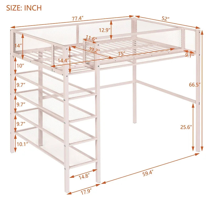 Twin Size Metal Loft Bed with 4-Tier Shelves and Storage, White
