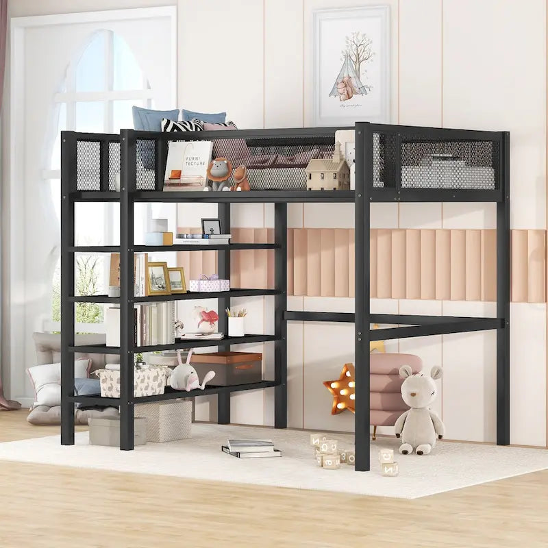 Twin Size Metal Loft Bed with 4-Tier Shelves and Storage, White