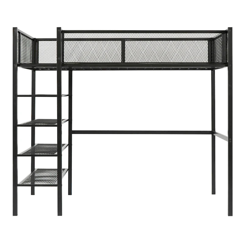 Twin Size Metal Loft Bed with 4-Tier Shelves and Storage, White
