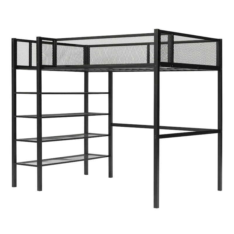 Twin Size Metal Loft Bed with 4-Tier Shelves and Storage, White