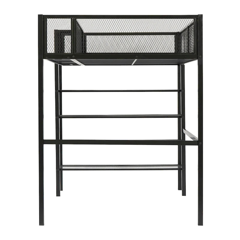 Twin Size Metal Loft Bed with 4-Tier Shelves and Storage, White