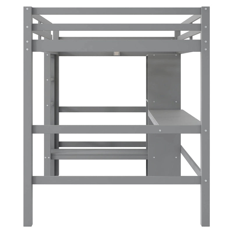 Full Size High Loft Bed with Desk and Storage Shelves, Pine Wood Bedroom Bedframe with Full-Length Guard Rail, Built-in Ladder