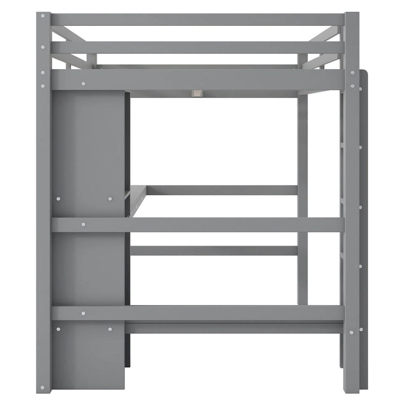 Full Size High Loft Bed with Desk and Storage Shelves, Pine Wood Bedroom Bedframe with Full-Length Guard Rail, Built-in Ladder