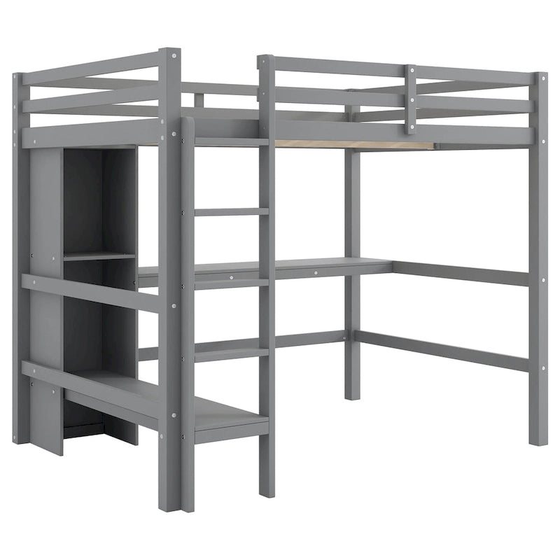 Full Size High Loft Bed with Desk and Storage Shelves, Pine Wood Bedroom Bedframe with Full-Length Guard Rail, Built-in Ladder