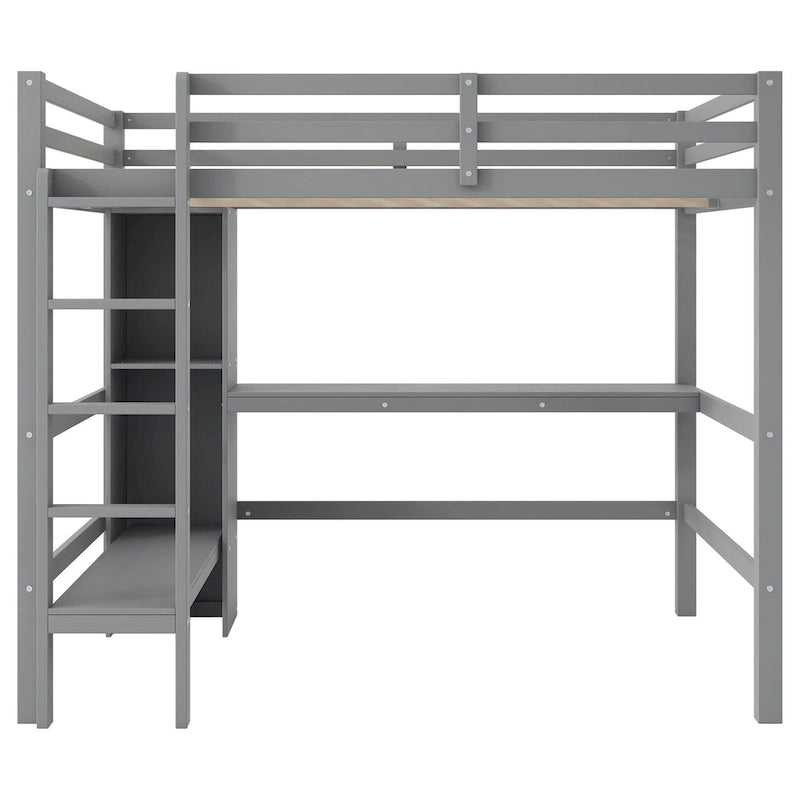 Full Size High Loft Bed with Desk and Storage Shelves, Pine Wood Bedroom Bedframe with Full-Length Guard Rail, Built-in Ladder