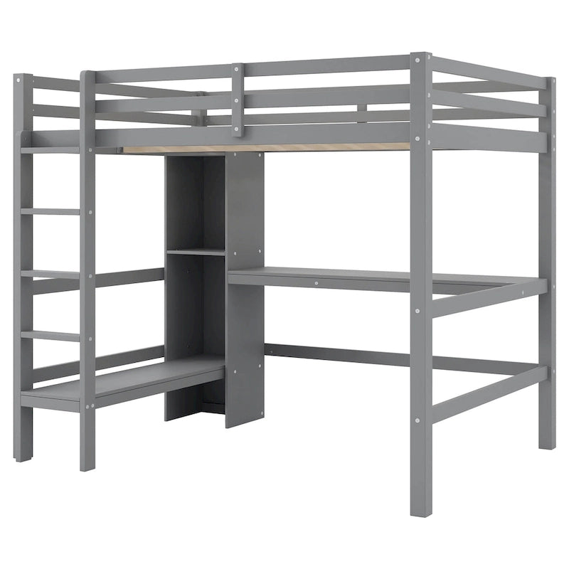 Full Size High Loft Bed with Desk and Storage Shelves, Pine Wood Bedroom Bedframe with Full-Length Guard Rail, Built-in Ladder