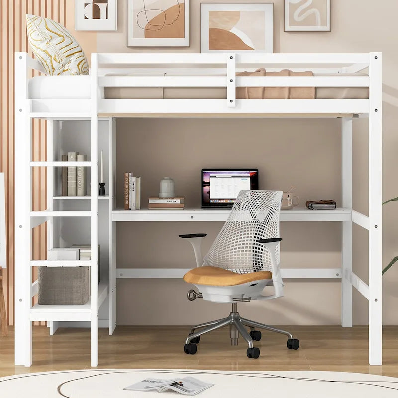 Full Size High Loft Bed with Desk and Storage Shelves, Pine Wood Bedroom Bedframe with Full-Length Guard Rail, Built-in Ladder