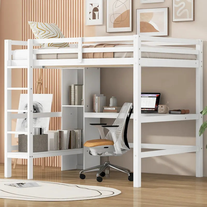 Full Size High Loft Bed with Desk and Storage Shelves, Pine Wood Bedroom Bedframe with Full-Length Guard Rail, Built-in Ladder