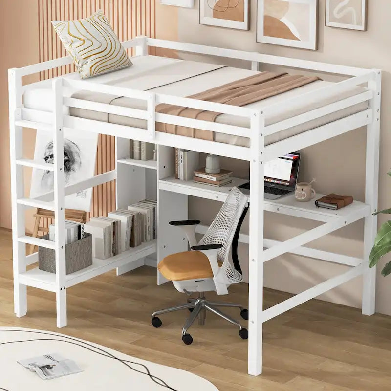 Full Size High Loft Bed with Desk and Storage Shelves, Pine Wood Bedroom Bedframe with Full-Length Guard Rail, Built-in Ladder