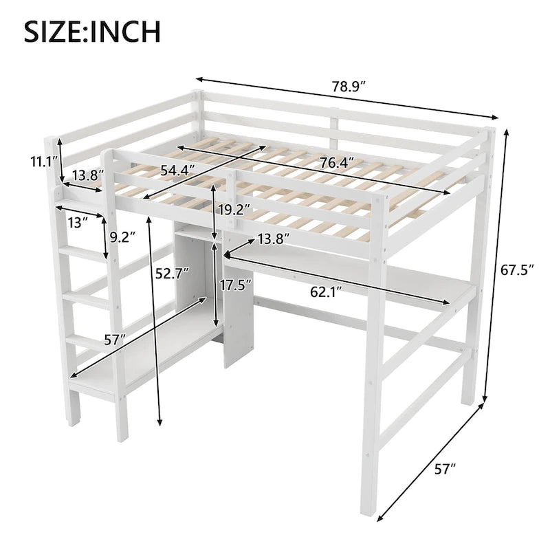 Full Size High Loft Bed with Desk and Storage Shelves, Pine Wood Bedroom Bedframe with Full-Length Guard Rail, Built-in Ladder