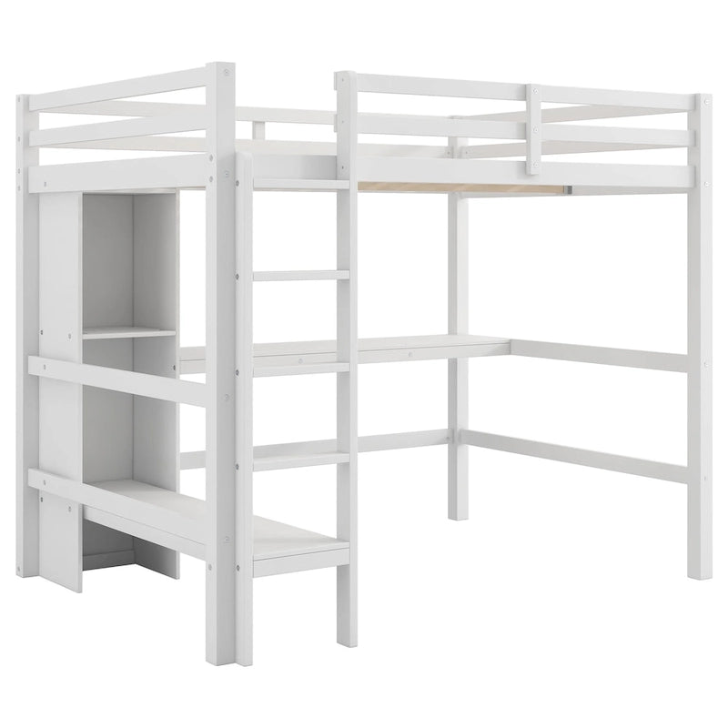 Full Size High Loft Bed with Desk and Storage Shelves, Pine Wood Bedroom Bedframe with Full-Length Guard Rail, Built-in Ladder