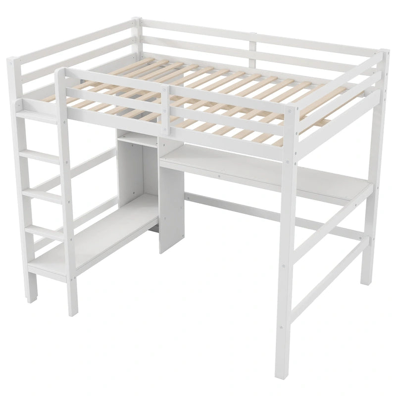 Full Size High Loft Bed with Desk and Storage Shelves, Pine Wood Bedroom Bedframe with Full-Length Guard Rail, Built-in Ladder