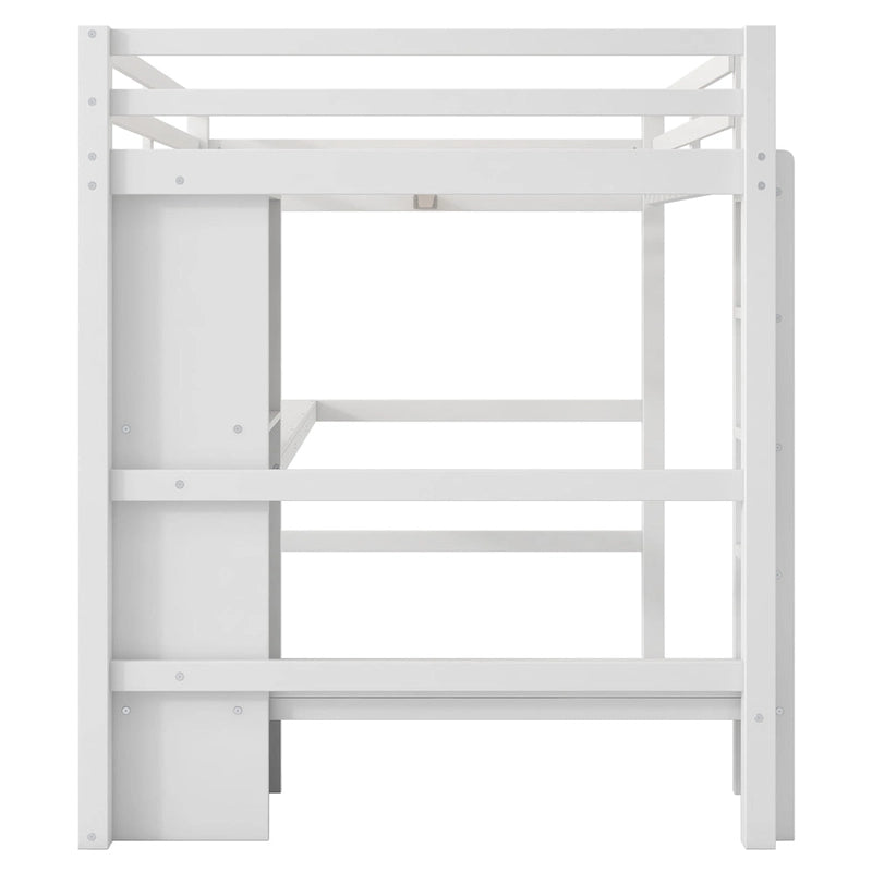 Full Size High Loft Bed with Desk and Storage Shelves, Pine Wood Bedroom Bedframe with Full-Length Guard Rail, Built-in Ladder