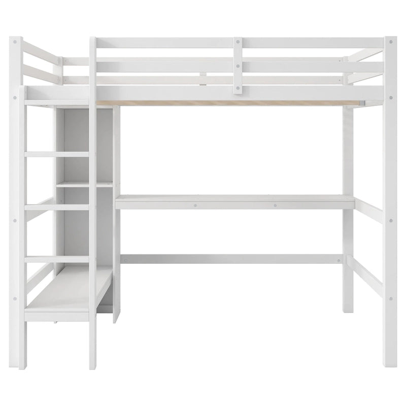 Full Size High Loft Bed with Desk and Storage Shelves, Pine Wood Bedroom Bedframe with Full-Length Guard Rail, Built-in Ladder