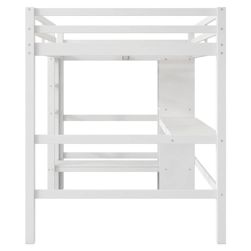 Full Size High Loft Bed with Desk and Storage Shelves, Pine Wood Bedroom Bedframe with Full-Length Guard Rail, Built-in Ladder