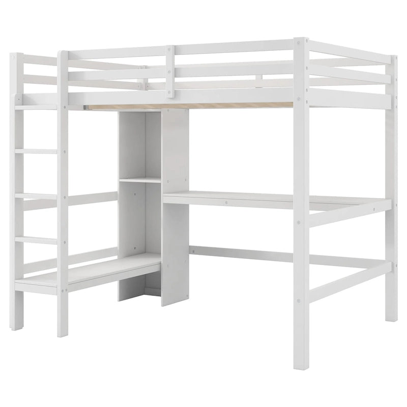Full Size High Loft Bed with Desk and Storage Shelves, Pine Wood Bedroom Bedframe with Full-Length Guard Rail, Built-in Ladder