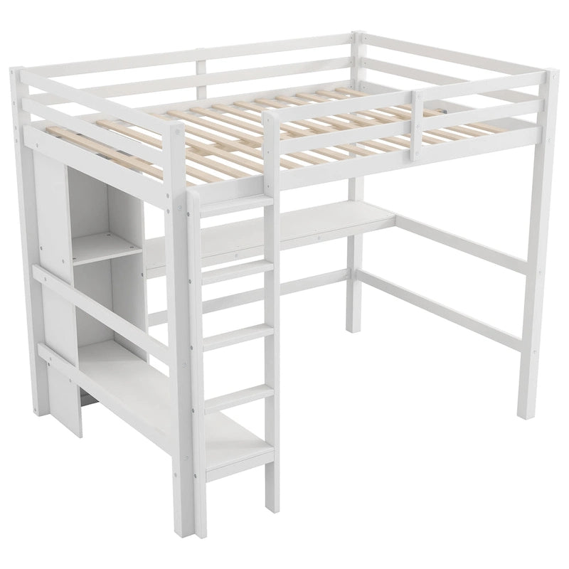 Full Size High Loft Bed with Desk and Storage Shelves, Pine Wood Bedroom Bedframe with Full-Length Guard Rail, Built-in Ladder