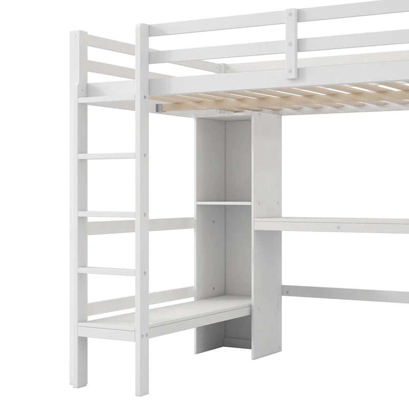 Full Size High Loft Bed with Desk and Storage Shelves, Pine Wood Bedroom Bedframe with Full-Length Guard Rail, Built-in Ladder