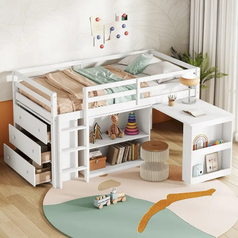Twin Size Kids Low Loft Bed with Storage Drawer & Pull-Out Desk, Dorms Wood Bed Frame Space-Saving with Safety Guardrail