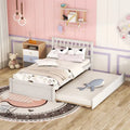White Twin Platform Bed in Walnut Wood with Trundle and Fence Headboard - Modern Space-Saving Design