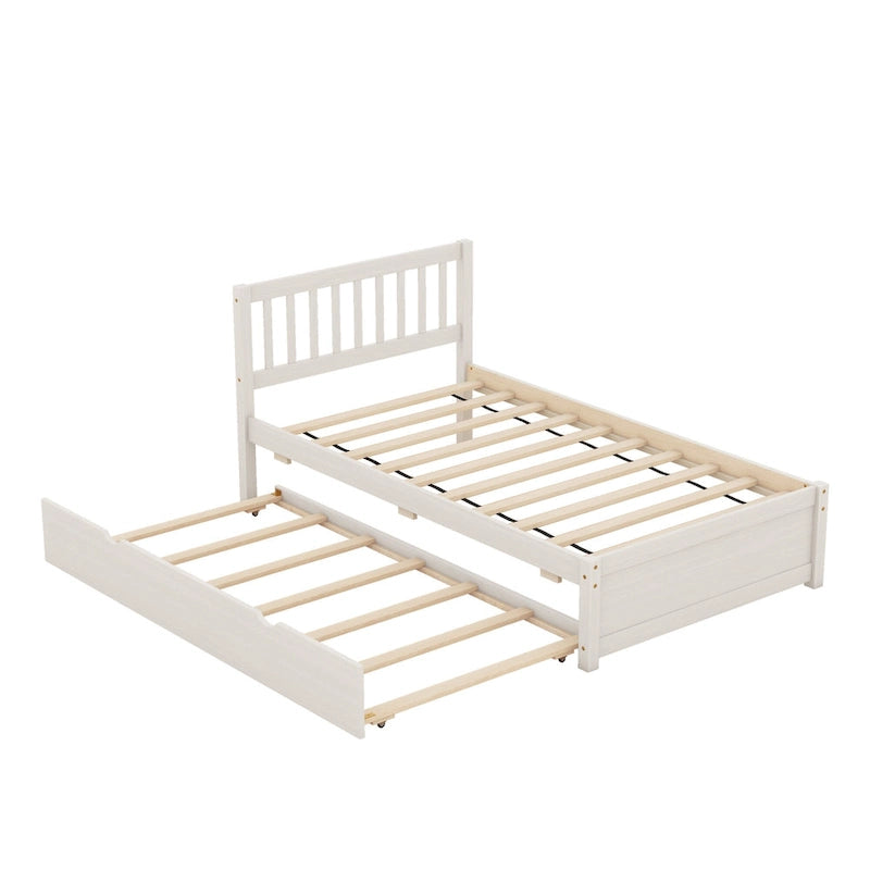 White Twin Platform Bed in Walnut Wood with Trundle and Fence Headboard - Modern Space-Saving Design