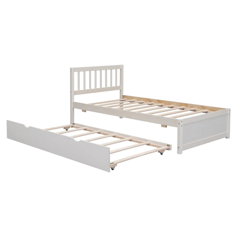 White Twin Platform Bed in Walnut Wood with Trundle and Fence Headboard - Modern Space-Saving Design