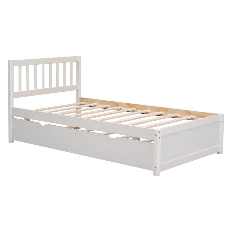 White Twin Platform Bed in Walnut Wood with Trundle and Fence Headboard - Modern Space-Saving Design