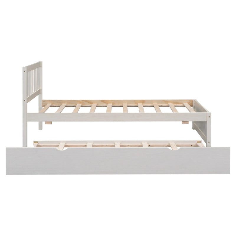 White Twin Platform Bed in Walnut Wood with Trundle and Fence Headboard - Modern Space-Saving Design