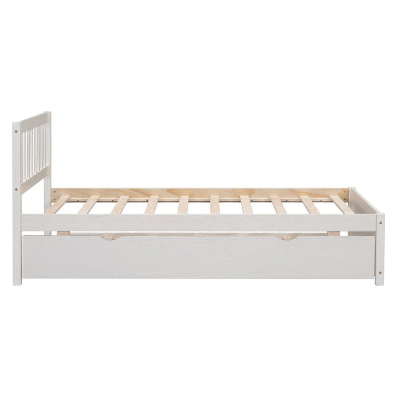 White Twin Platform Bed in Walnut Wood with Trundle and Fence Headboard - Modern Space-Saving Design
