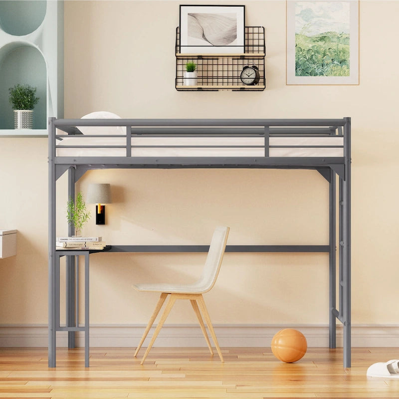 Twin Size Metal loft Bed with Desk, Ladder and Guardrails, Bookdesk under Bed for Bedroom