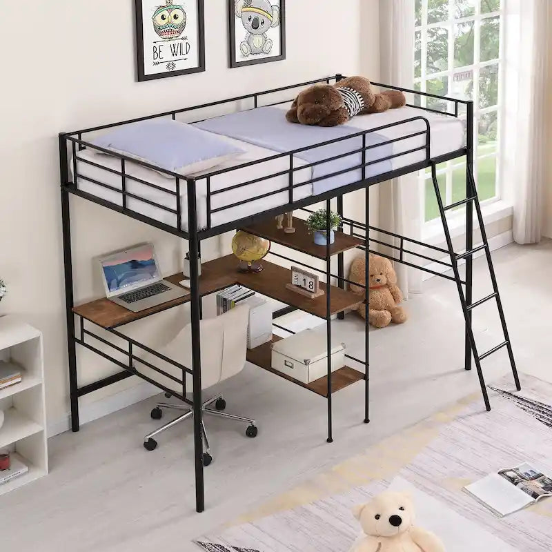 Twin Size Metal Loft Bed with Desk and Shelves