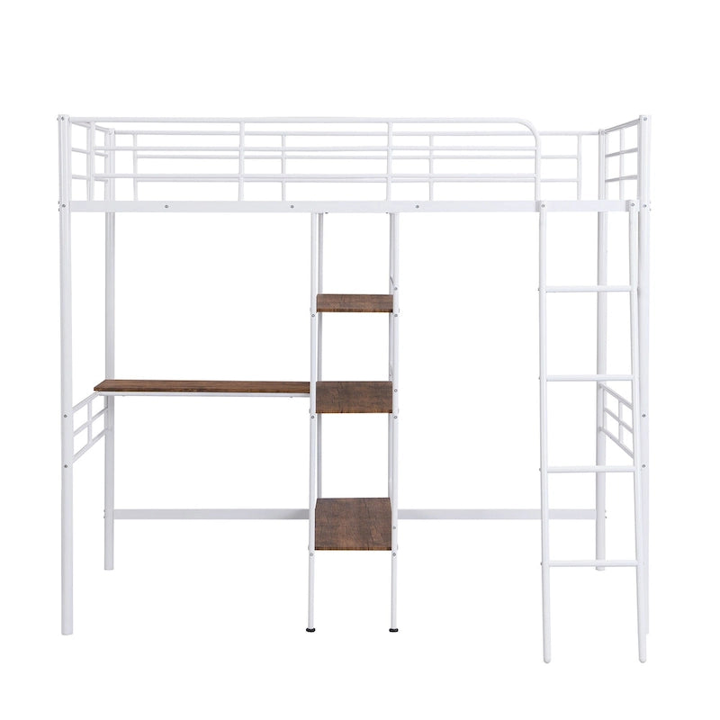 Twin Size Metal Loft Bed with Desk and Shelves