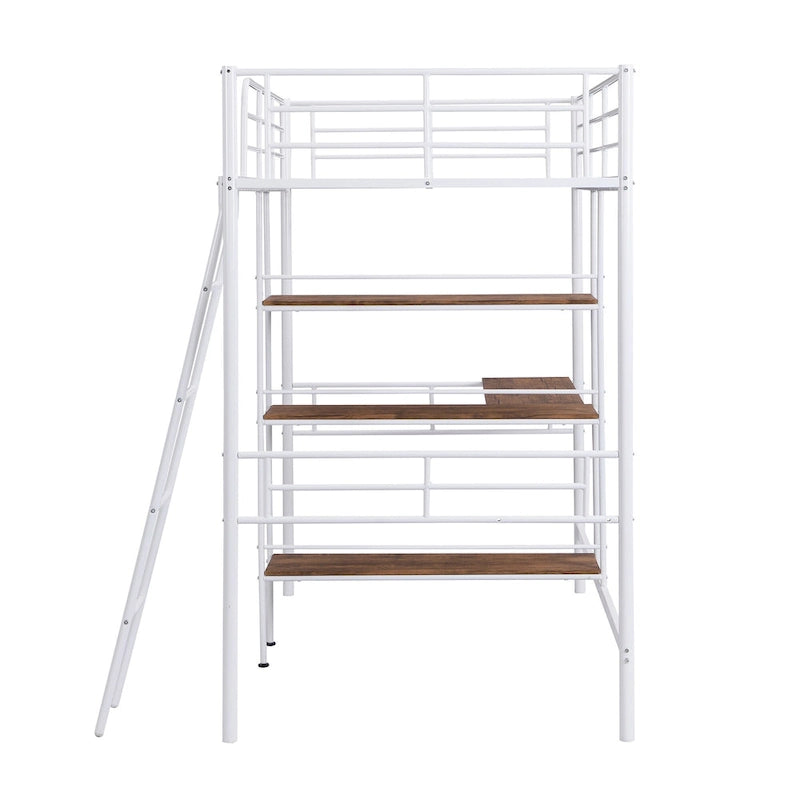 Twin Size Metal Loft Bed with Desk and Shelves