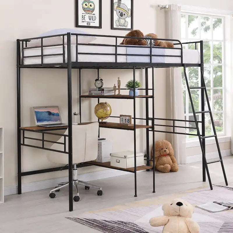Twin Size Metal Loft Bed with Desk and Shelves