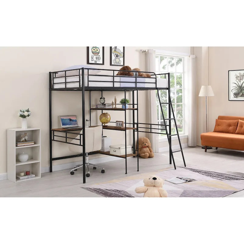 Twin Size Metal Loft Bed with Desk and Shelves