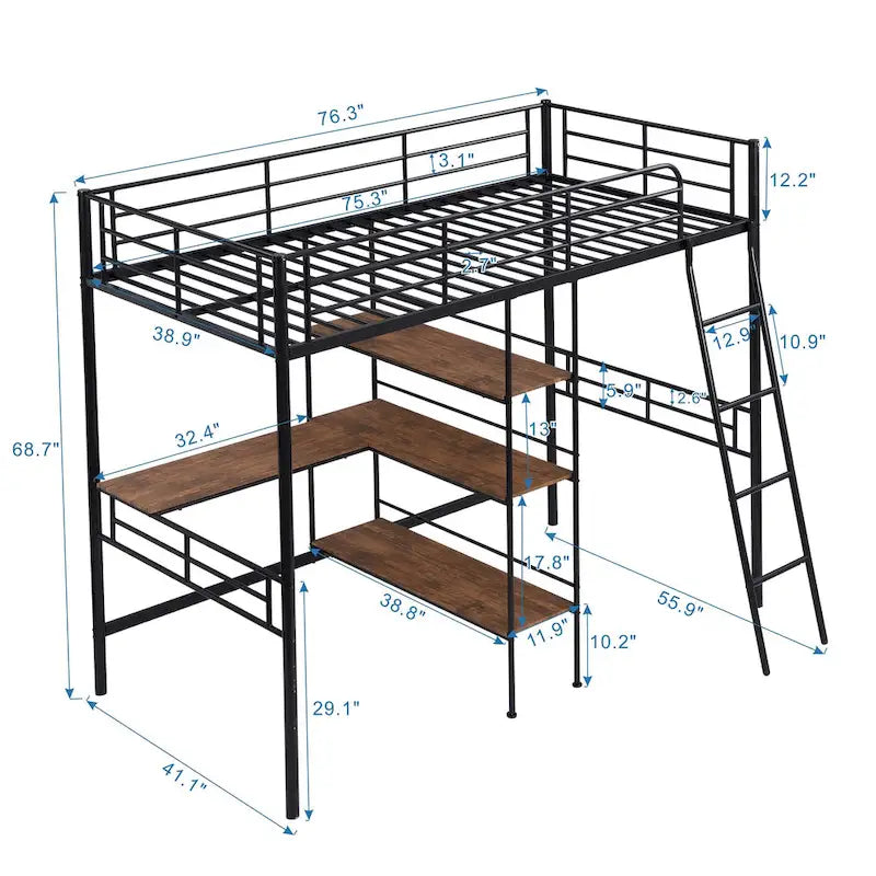Twin Size Metal Loft Bed with Desk and Shelves