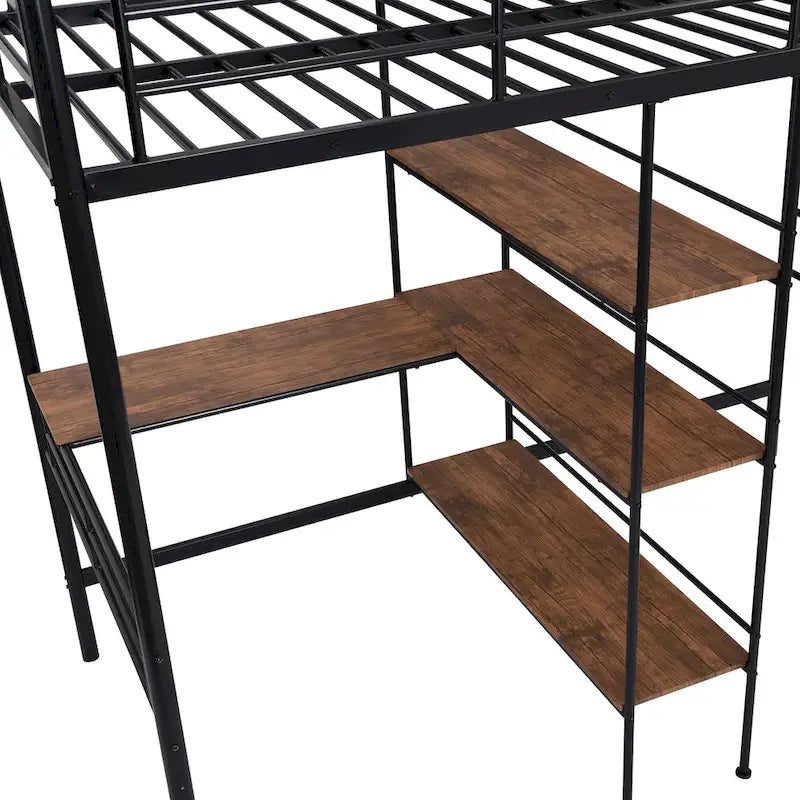Twin Size Metal Loft Bed with Desk and Shelves