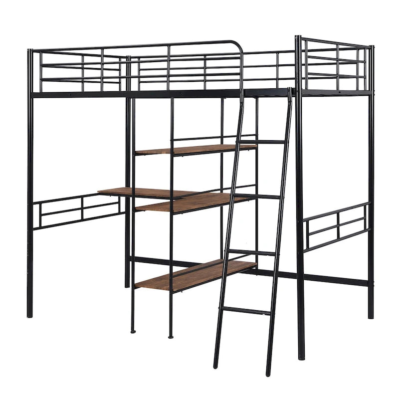 Twin Size Metal Loft Bed with Desk and Shelves