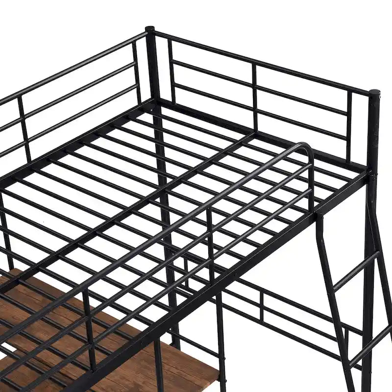 Twin Size Metal Loft Bed with Desk and Shelves