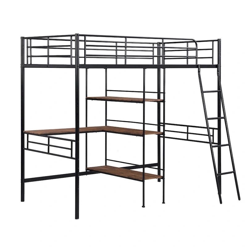 Twin Size Metal Loft Bed with Desk and Shelves