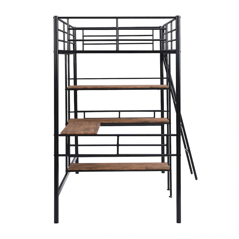 Twin Size Metal Loft Bed with Desk and Shelves
