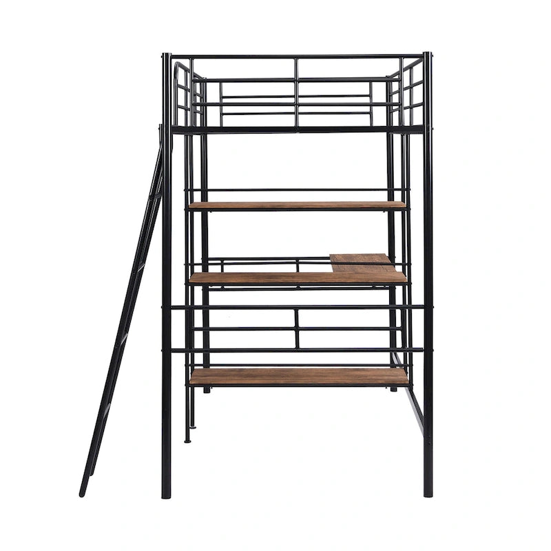 Twin Size Metal Loft Bed with Desk and Shelves