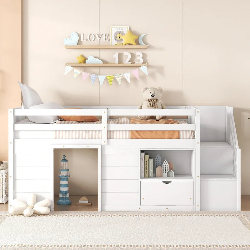 Twin Size Solid Wood Low Loft Bed with Stair, Drawer, and Shelf for Bedroom