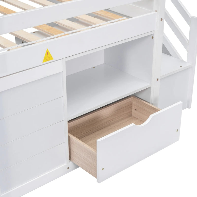 Twin Size Solid Wood Low Loft Bed with Stair, Drawer, and Shelf for Bedroom