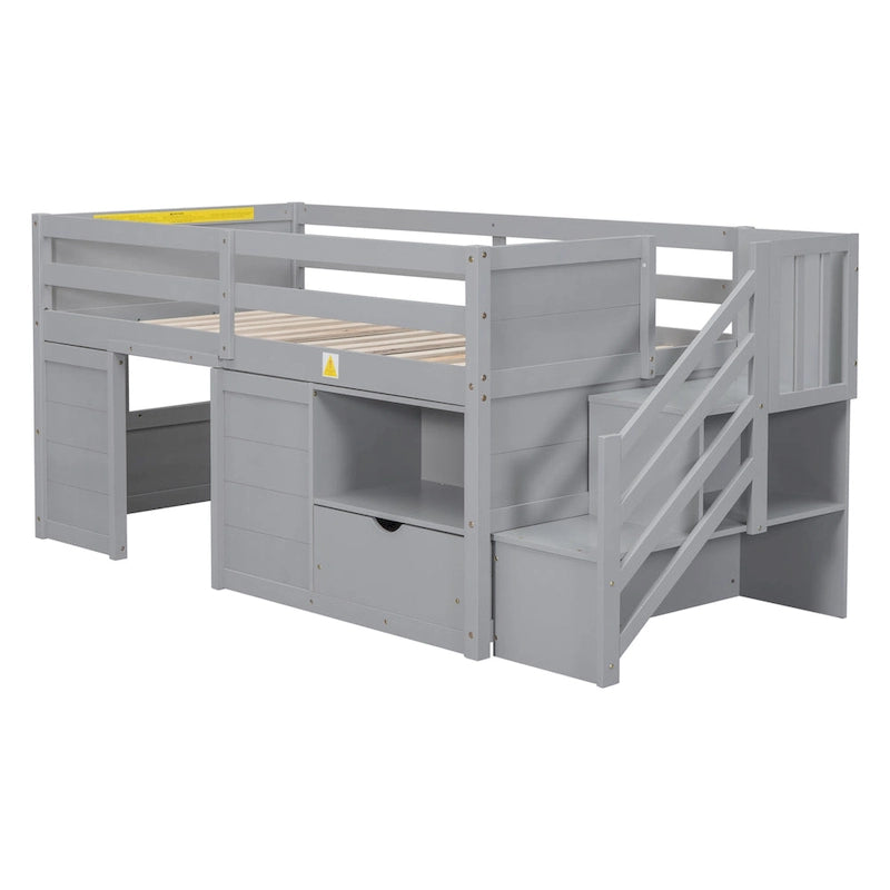 Twin Size Solid Wood Low Loft Bed with Stair, Drawer, and Shelf for Bedroom