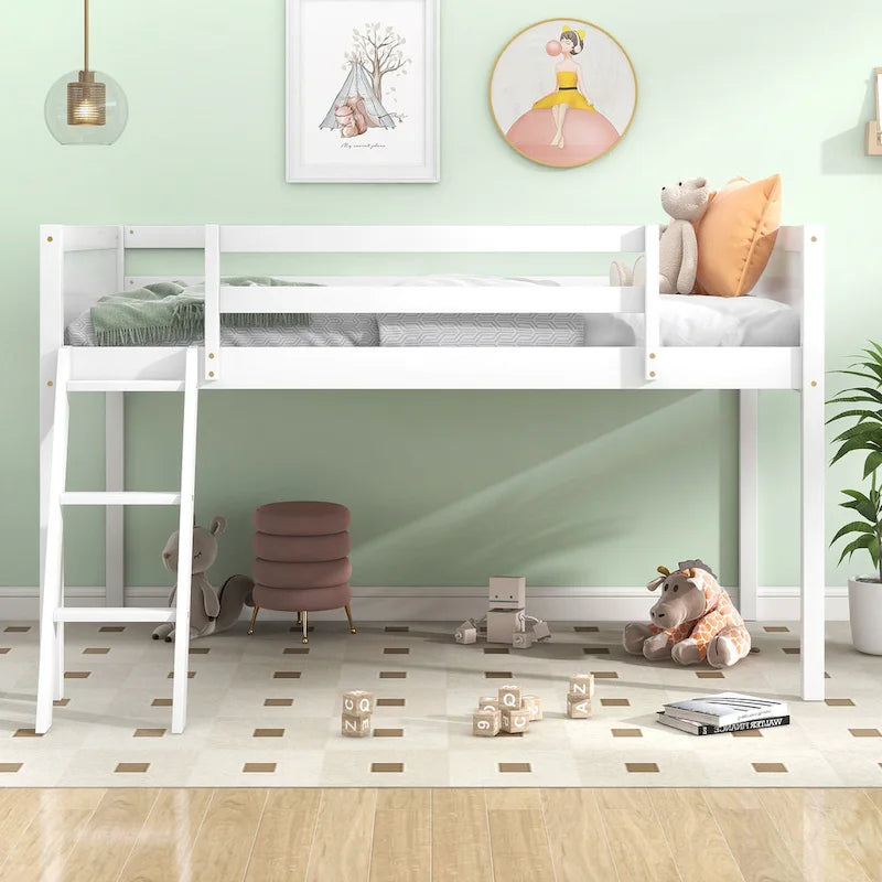 White Twin Size Solid Wood Low Loft Bed with Ladder and Fence Baffle, and Wood Slats Support for Bedroom