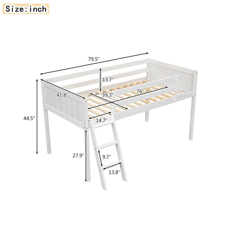 White Twin Size Solid Wood Low Loft Bed with Ladder and Fence Baffle, and Wood Slats Support for Bedroom
