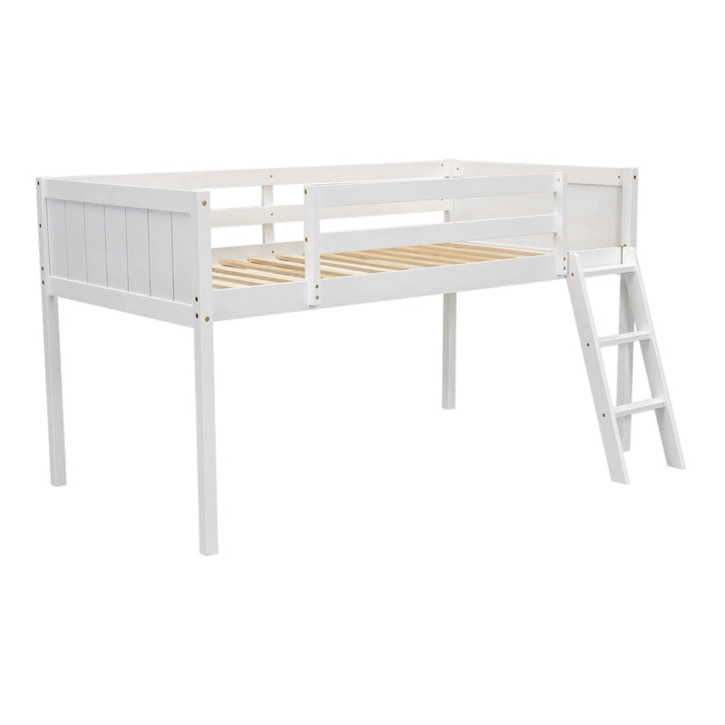 White Twin Size Solid Wood Low Loft Bed with Ladder and Fence Baffle, and Wood Slats Support for Bedroom